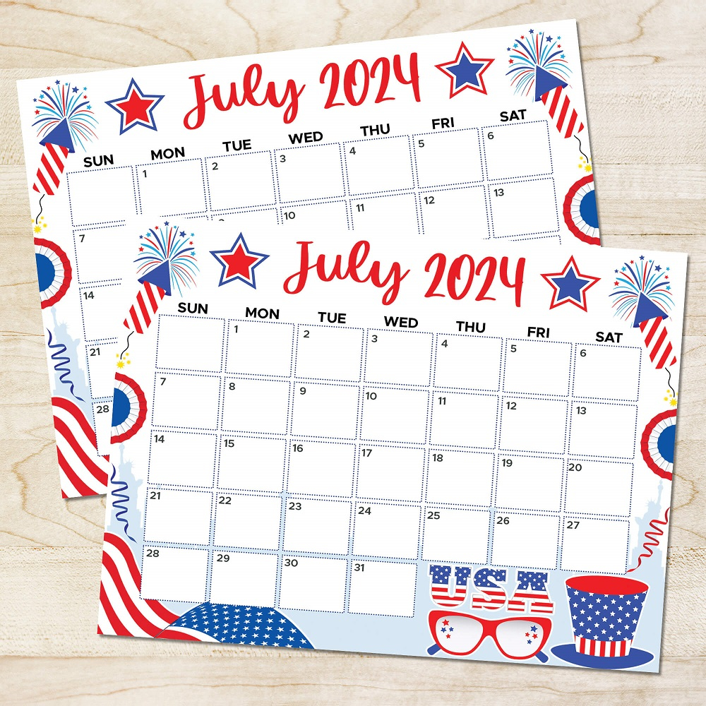 PDF 4th Of July Monthly Calendar Printable Patriotic Themed July 