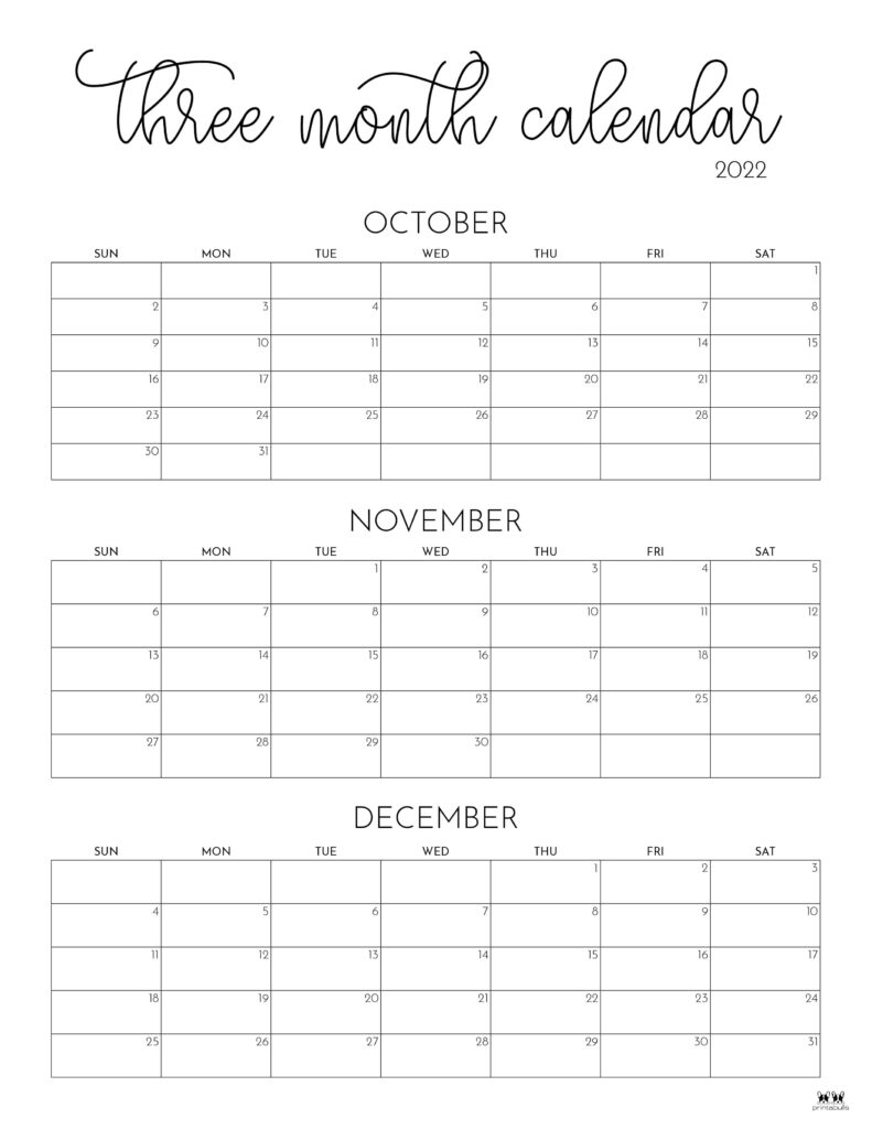 Printable 3 Month Calendar 2025 October November December December 