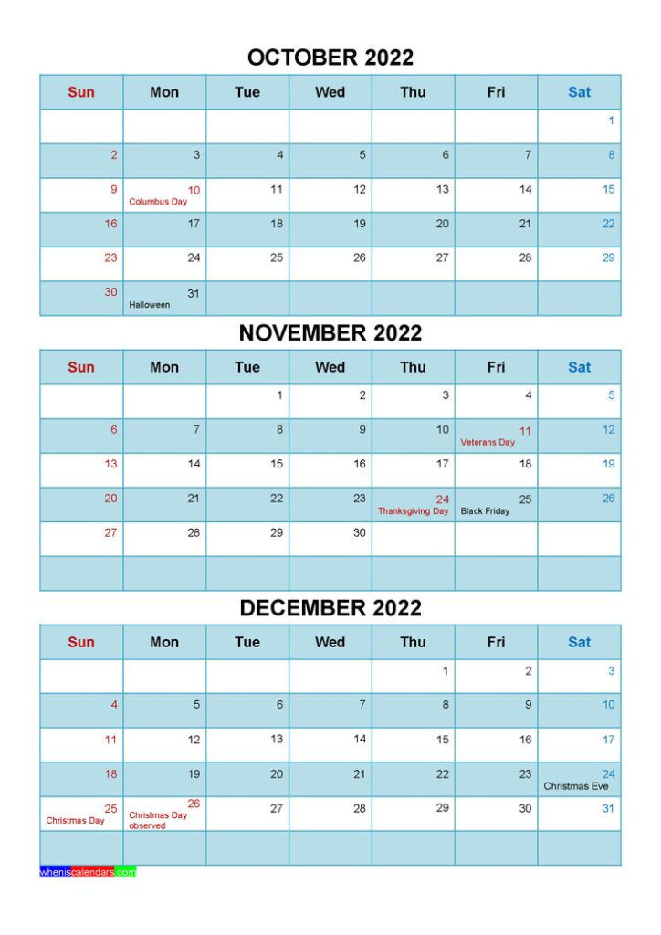 Printable 3 Month Calendar October November December 2022