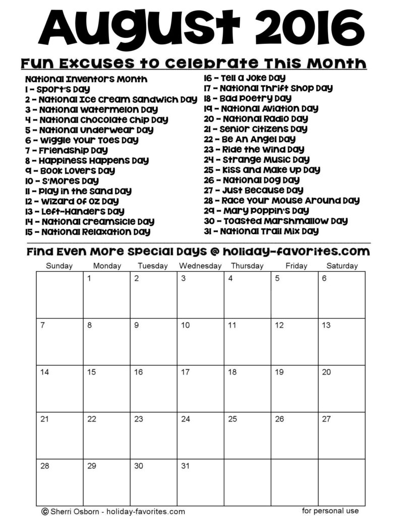 Printable August 2015 Calendars Holiday Favorites