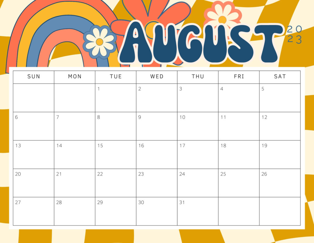 Printable August 2023 Calendar Retro Aesthetic Back to school 70s