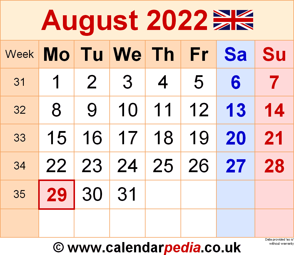 Printable August 22 Calendar