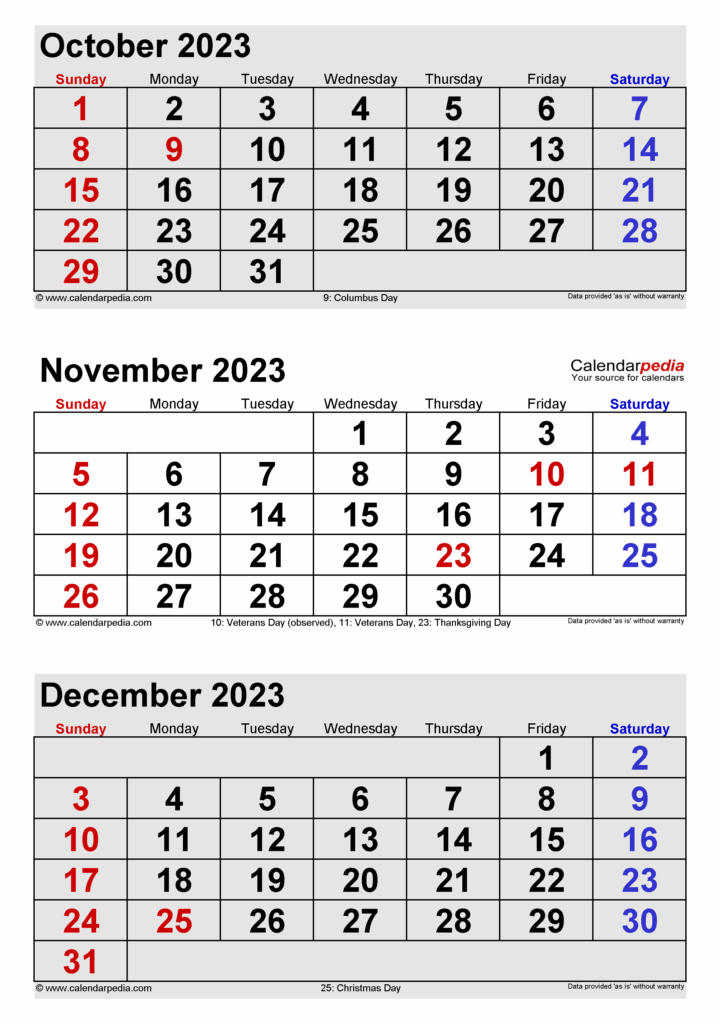 Printable Calendar October November December 2023
