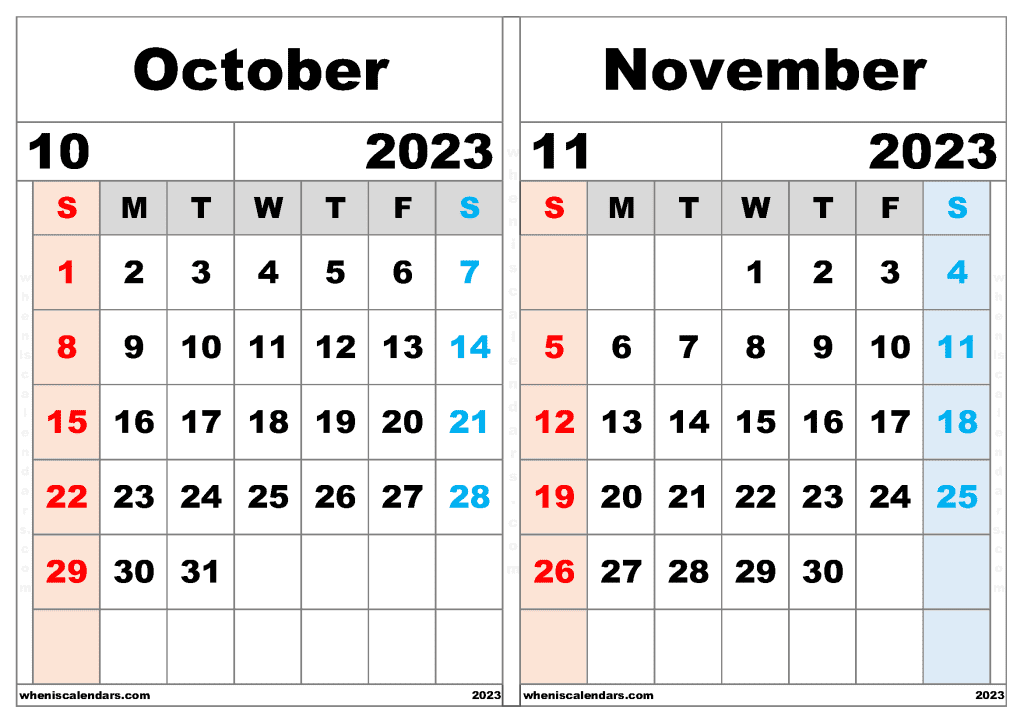 Printable Calendar October November December 2023