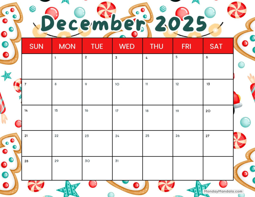 Printable Christmas December 2025 Calendar Ronna Chrystel