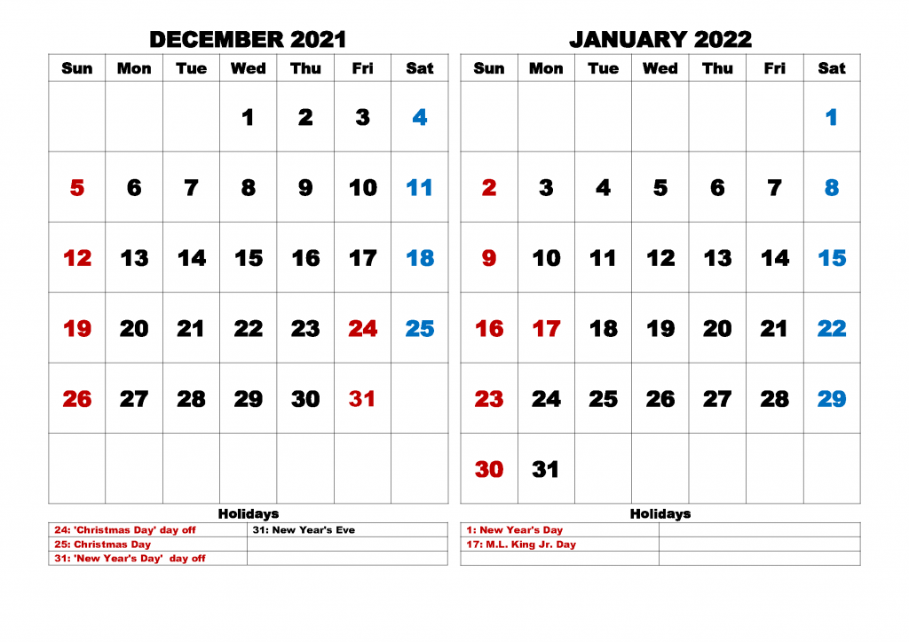 Printable Dec Jan Calendar