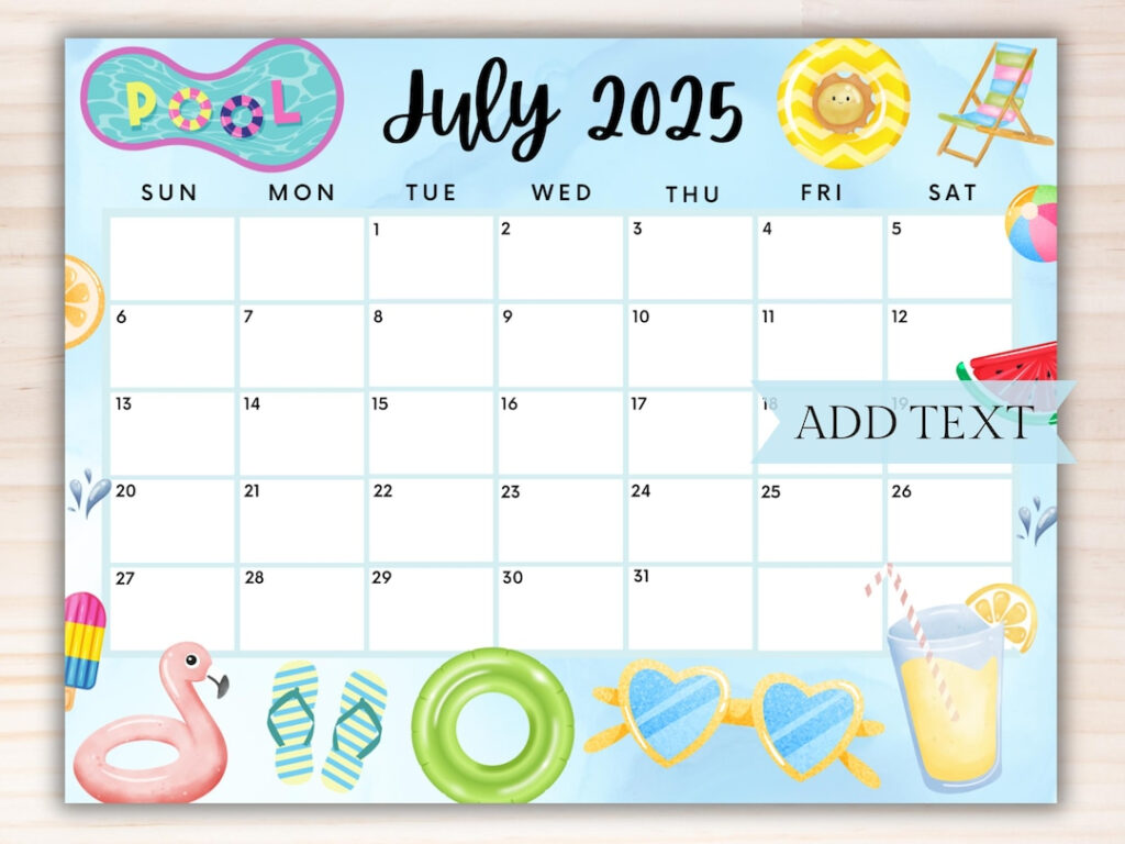 PRINTABLE July 2025 Summer Calendar Editable July Calendar Fillable 