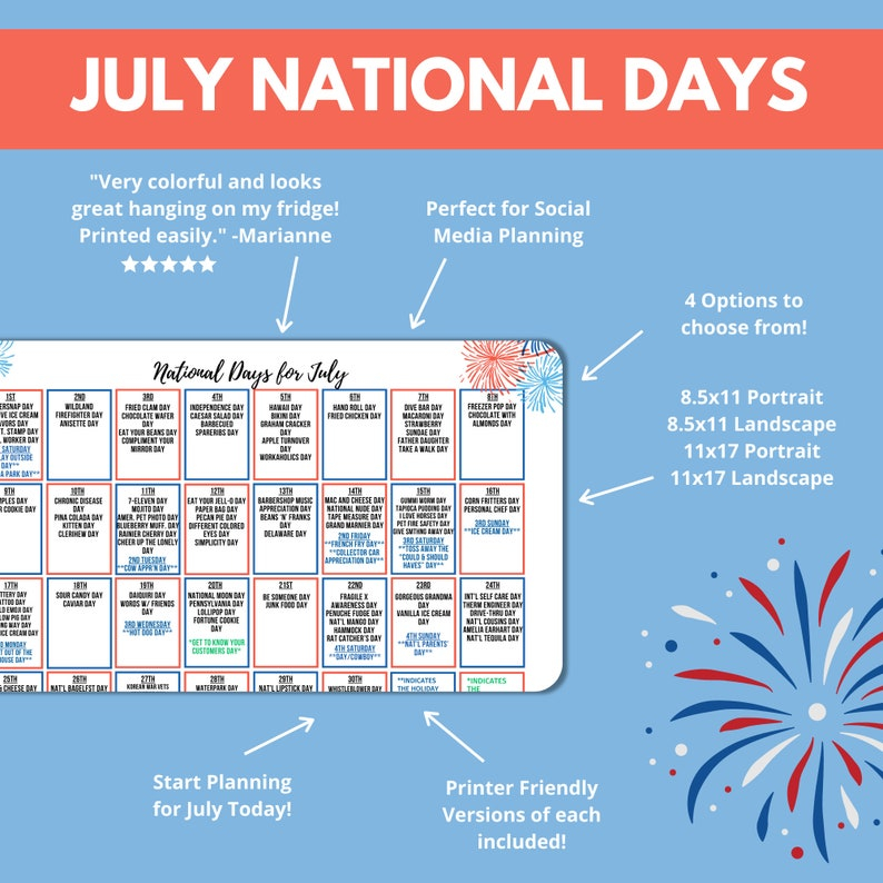 Printable July National Day Calendar Holiday Tracker At A Glance 