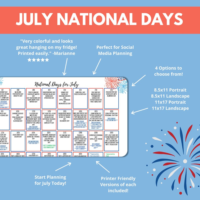 Printable July National Day Calendar Holiday Tracker At A Glance 