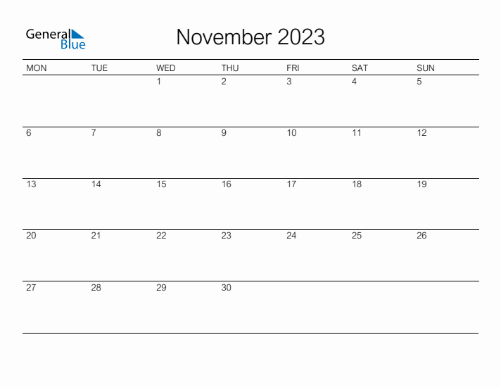 Printable November 2023 Monthly Calendar Monday Start