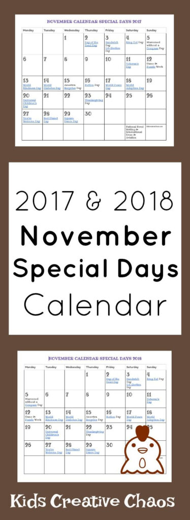 Printable November Calendar Special Days Holidays FREE Afterschool 