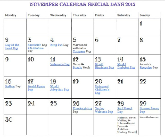 Printable November Calendar Special Days Holidays FREE Kids Creative 