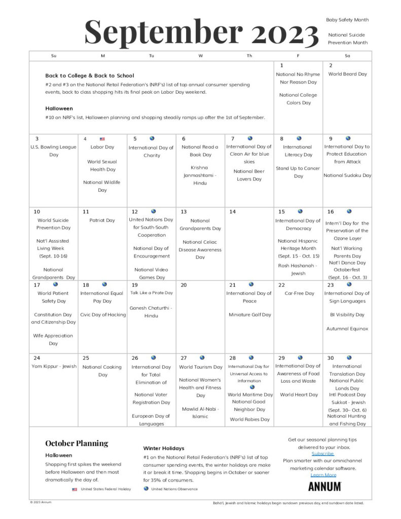 Printable September 2023 Calendar September Holidays Annum