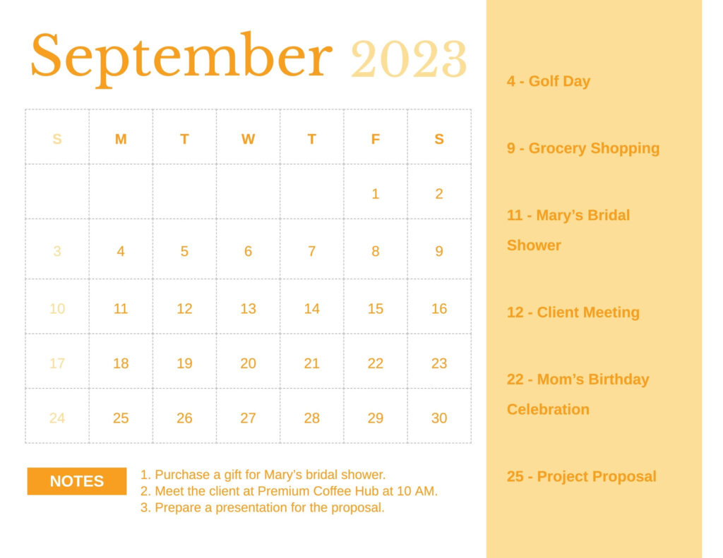 Printable September 2023 Monthly Calendar Template In Illustrator EPS