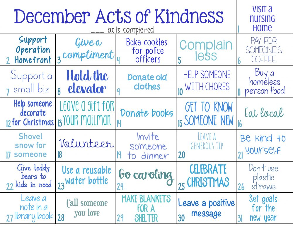 Random Acts Of Kindness Calendar For December Natural Beach Living
