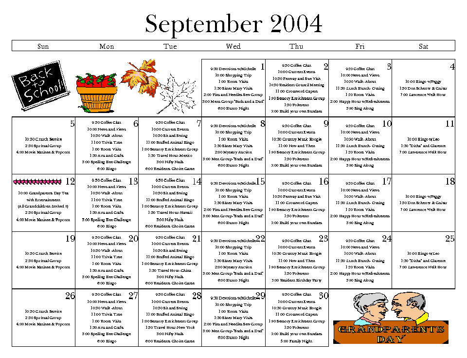 Sample Calendar Senior Living Activities September Activities