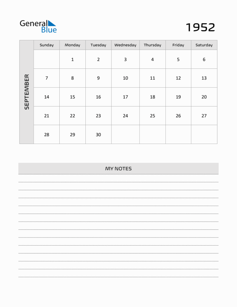 September 1952 Printable Monthly Calendar With Notes