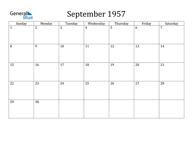 September 1957 Calendar PDF Word Excel