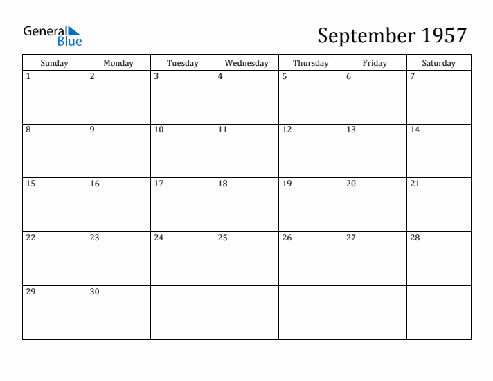 September 1957 Monthly Calendar PDF Word Excel 
