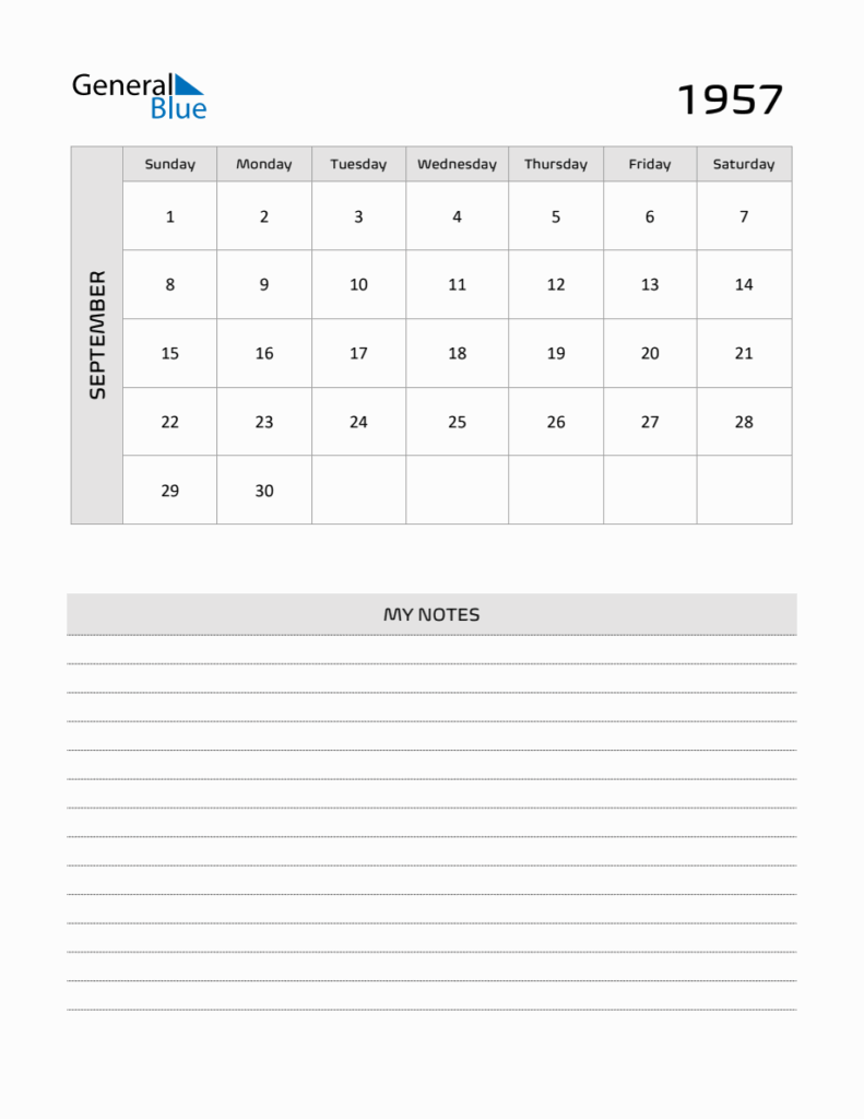 September 1957 Printable Monthly Calendar With Notes