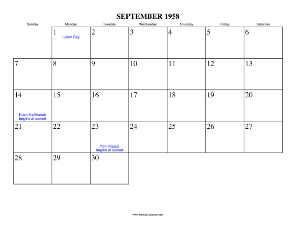 September 1958 Calendar