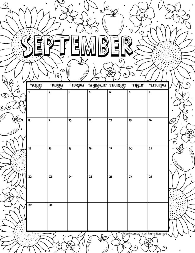 September 2019 Coloring Calendar Woo Jr Kids Activities Children 