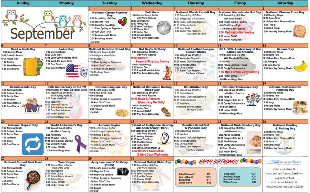 September 2020 Resident Calendar Annapolitan Assisted Living