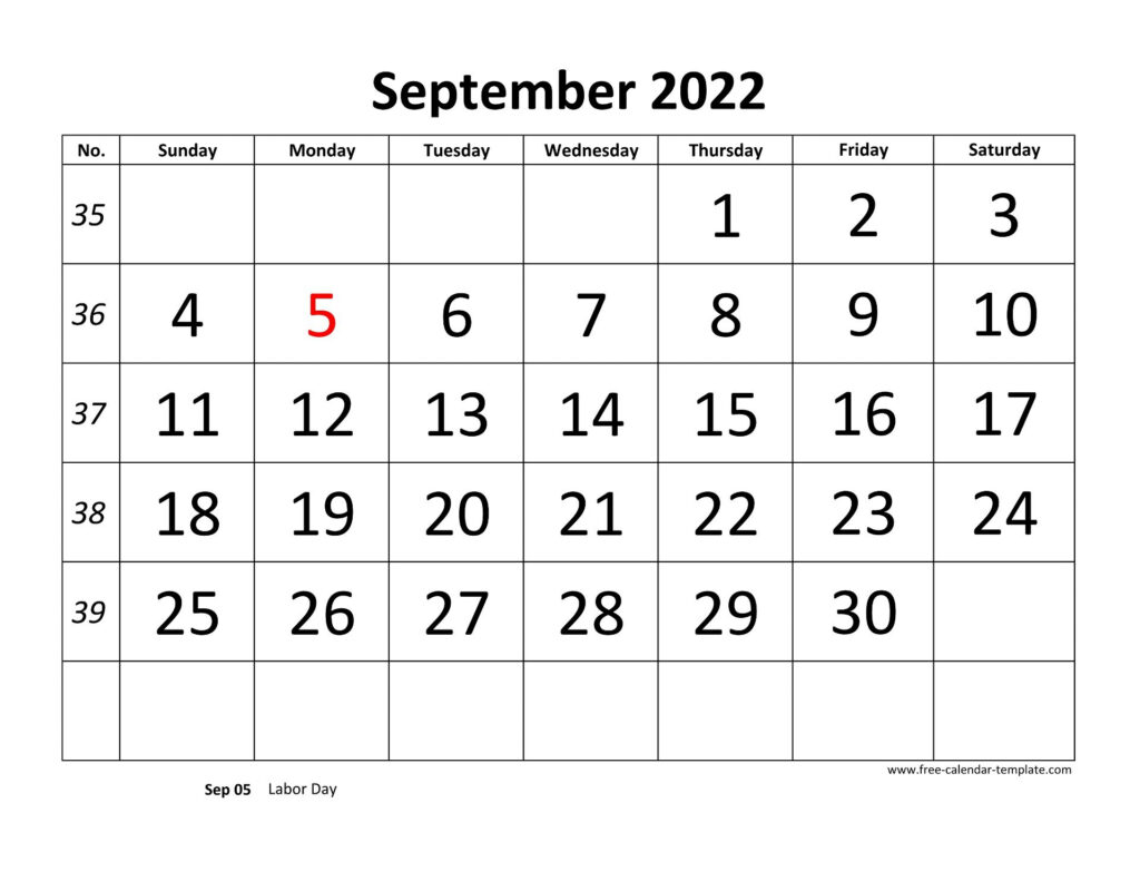 September 2022 Calendar Designed With Large Font horizontal Free 