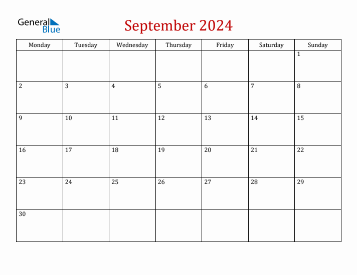 September 2024 Simple Calendar With Monday Start