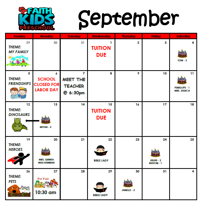 SEPTEMBER ACTIVITY CALENDAR Faith Kids Preschool