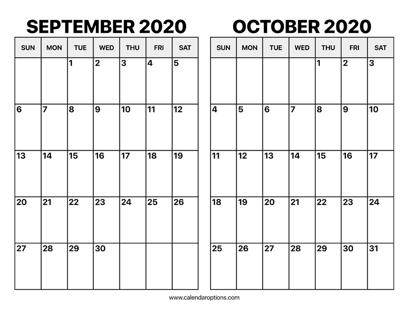 September And October 2020 Calendar Calendar Options