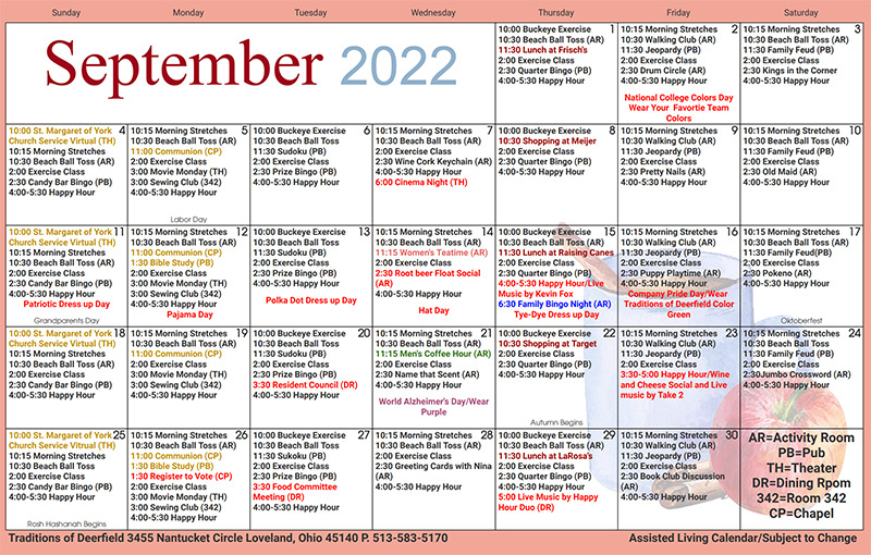 September Assisted Living Calendar Deerfield Traditions