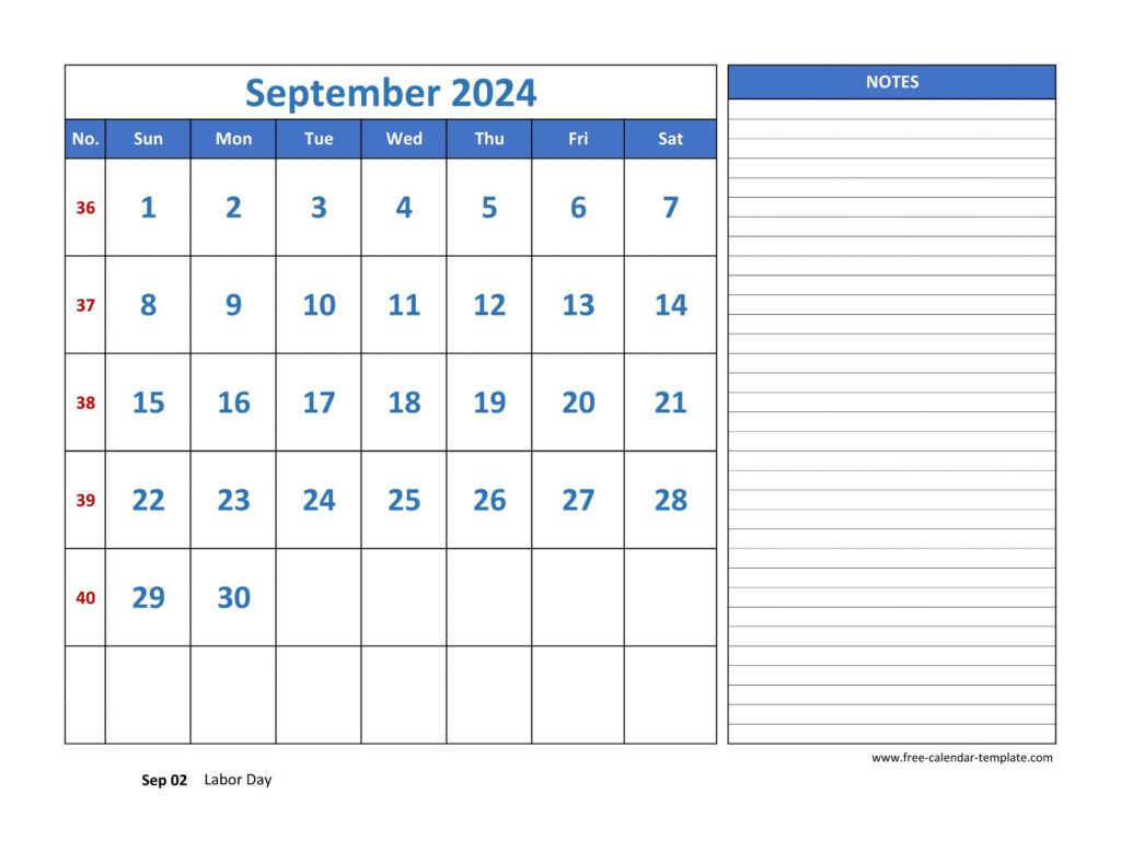 September Calendar 2024 Grid Lines For Holidays And Notes horizontal 