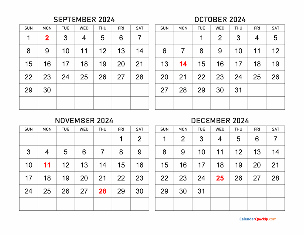 September October November December 2024 Calendar Printable Calendar 2025