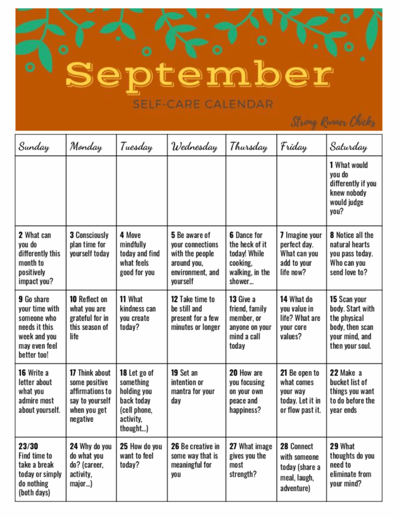 September Self Care Calendar Care Calendar Self Care Self
