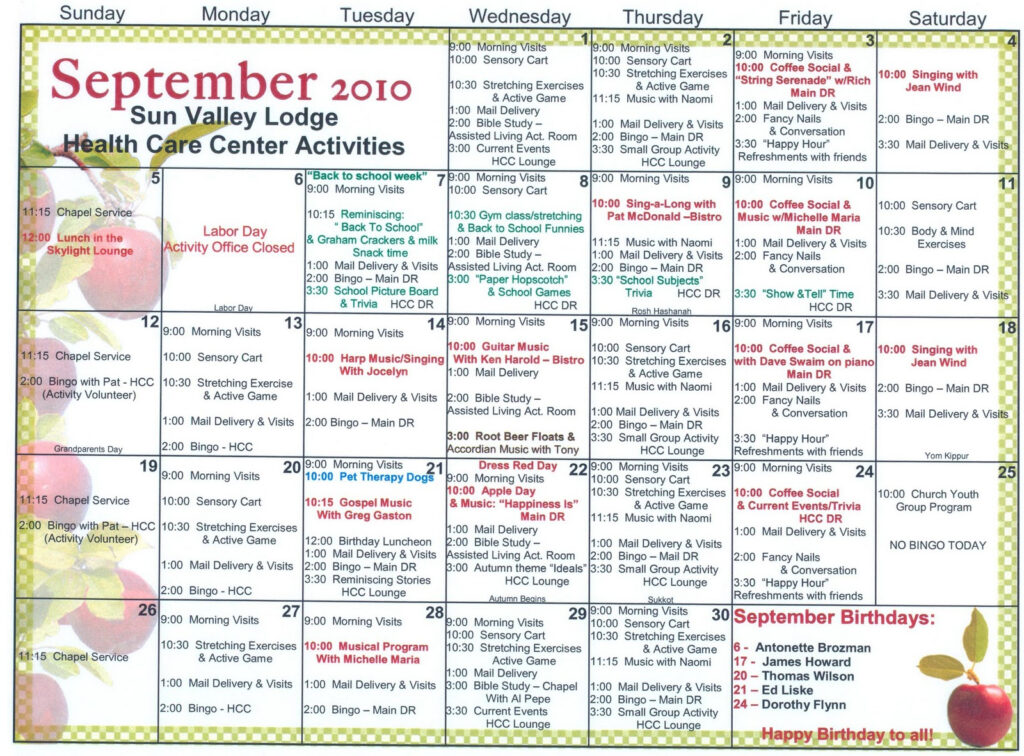 September Skilled Nursing Activities Welcome To Sun Valley Lodge