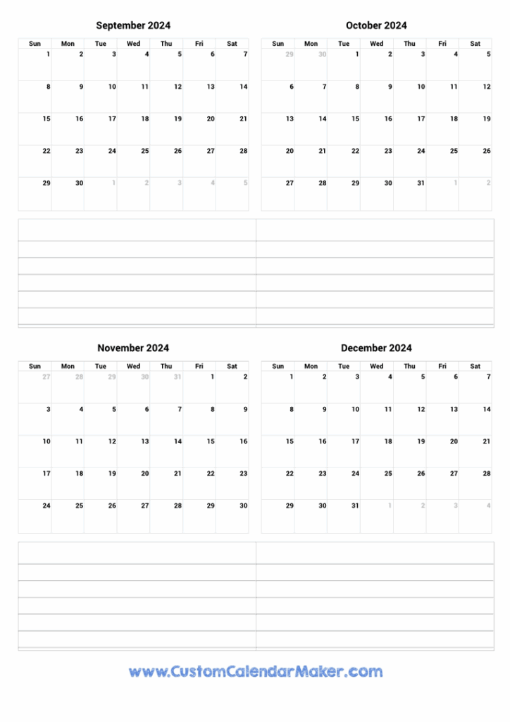 September To December 2024 Printable Calendar