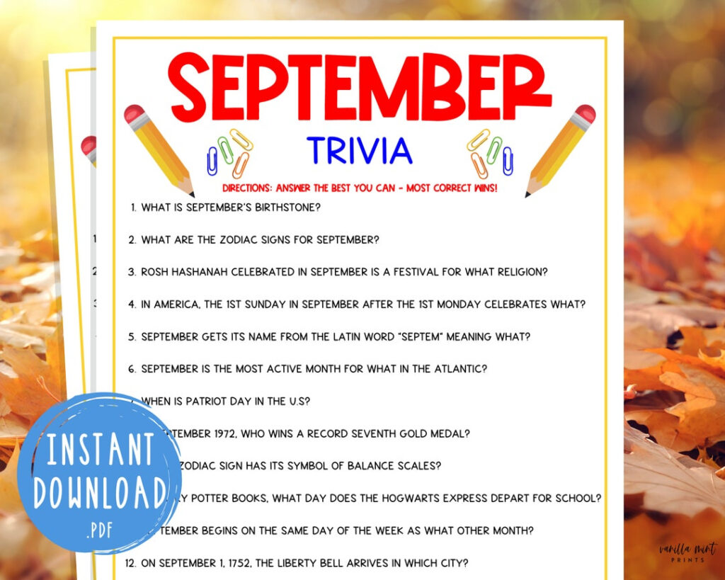 September Trivia Game Printable Month Party Games Fall Activities 
