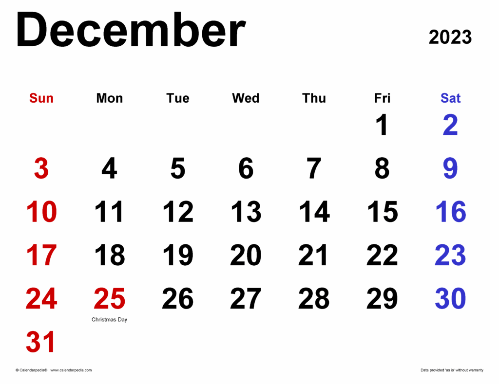 Show Me The Calendar For December