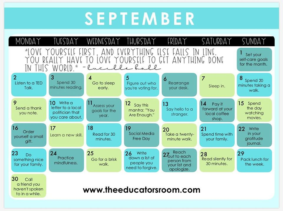 Teacher Self Care Calendar September The Educators Room