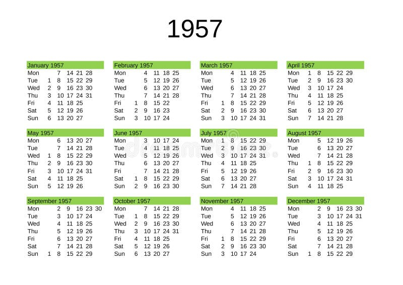 Year 1957 Calendar In English Stock Illustration Illustration Of 
