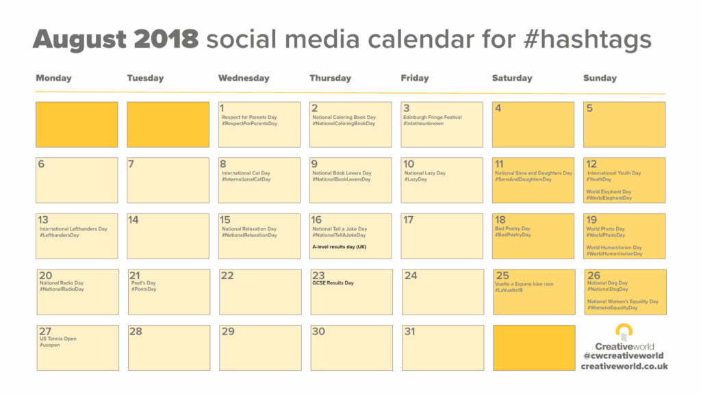 Your August Social Media Calendar 2018 Creativeworld